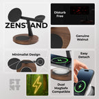 ZenStand 3-in-1 Wooden MagSafe charger with power adapter in genuine walnut finish, showcasing minimalist design and easy detachment.
