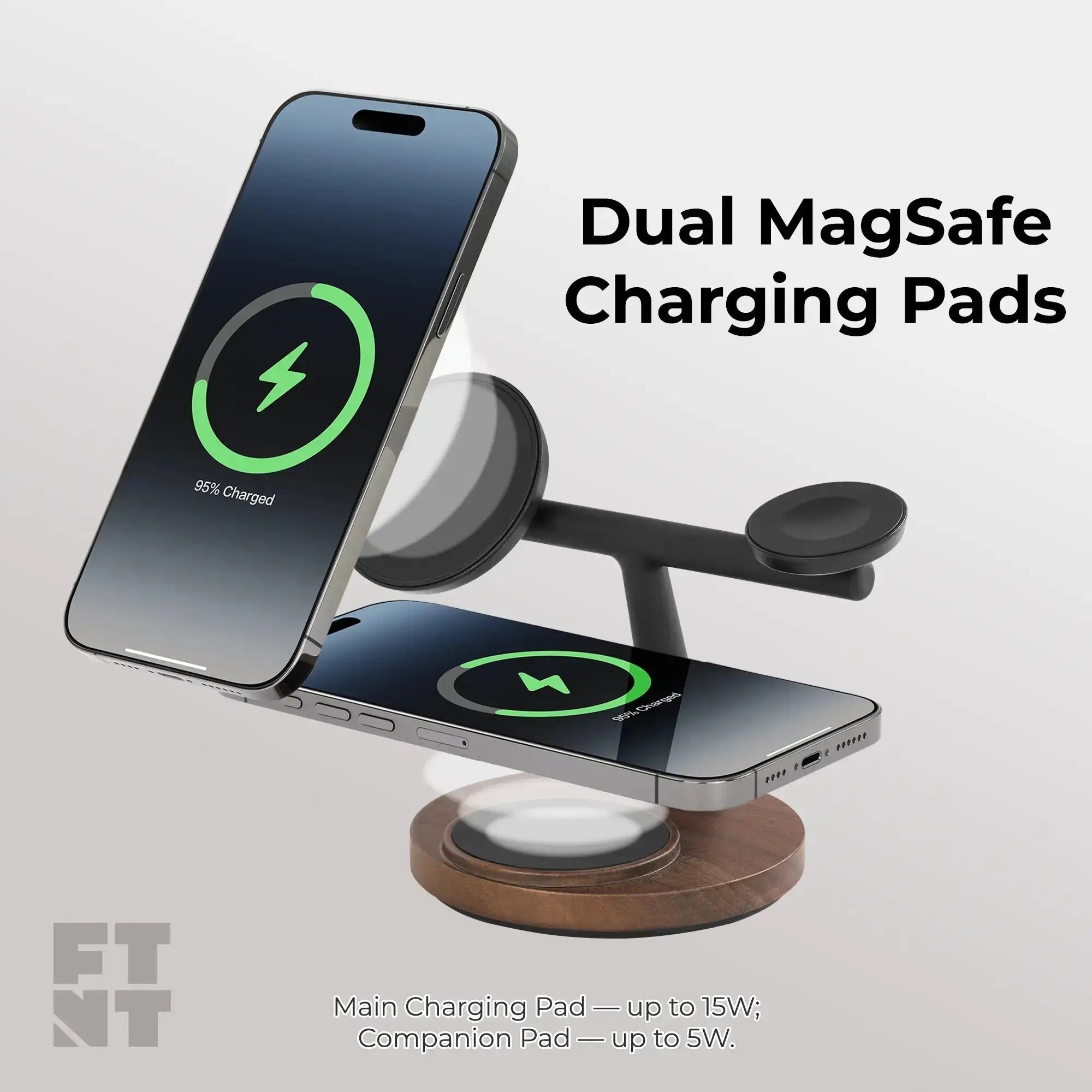 3-in-1 Wooden MagSafe charger with power adapter showcasing dual charging pads.