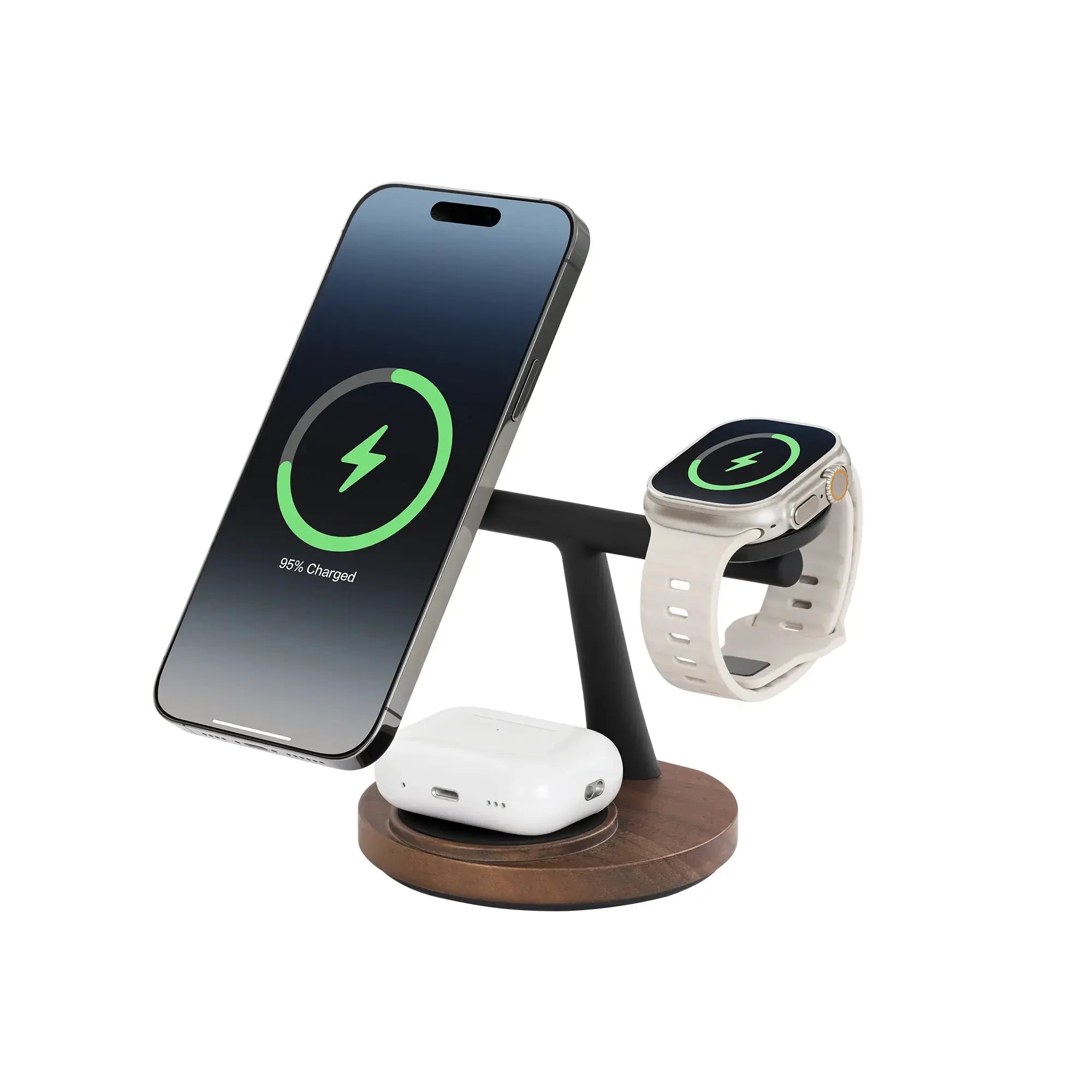 3-in-1 Wooden MagSafe charger with power adapter, charging phone, AirPods, and Apple Watch on a wooden stand.