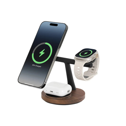 3-in-1 Wooden MagSafe charger with power adapter, charging phone, AirPods, and Apple Watch on a wooden stand.