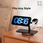 3-in-1 Wooden MagSafe charger with power adapter, featuring stylish clock and Apple Watch charging.