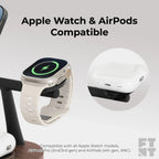 Apple Watch & AirPods 3-in-1 Wooden MagSafe charger with power adapter.
