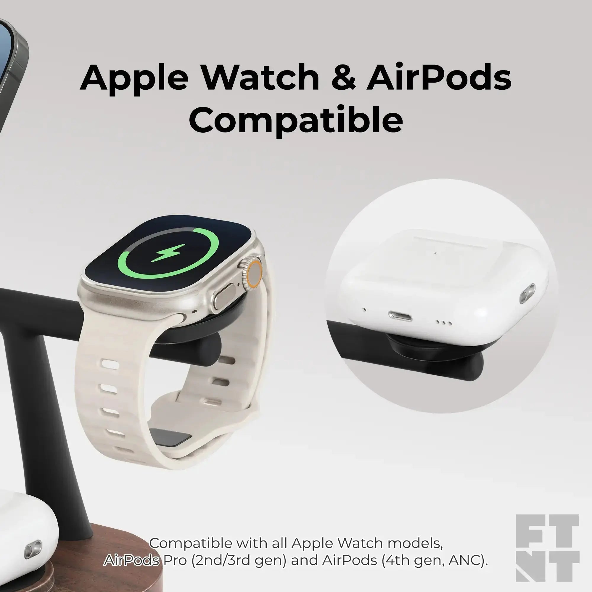 Apple Watch & AirPods 3-in-1 Wooden MagSafe charger with power adapter.