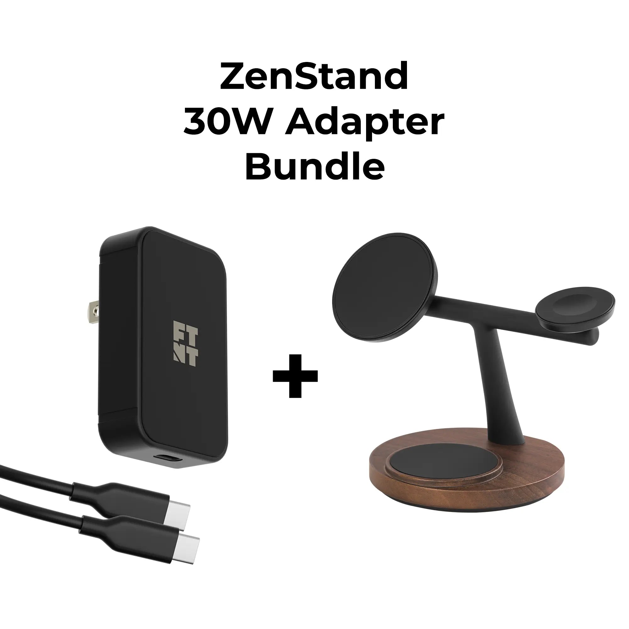 3-in-1 Wooden MagSafe charger with power adapter, includes ZenStand and 30W power adapter bundle.